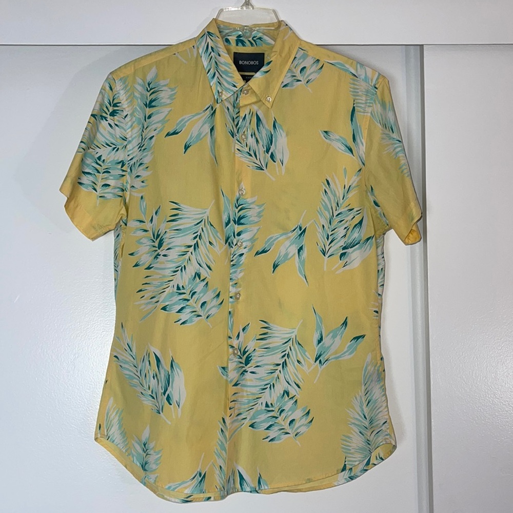 Bonobos mens button up shirt, large, summer yellow, short sleeve, island vibes